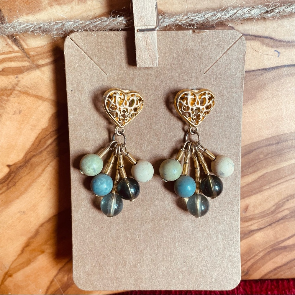 Gold Filagree Heart Earrings with Blue and Cream Beads